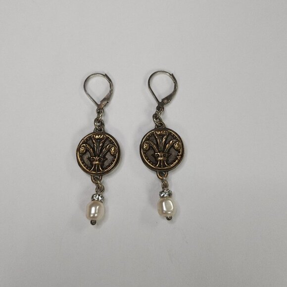 Karyn Chopik Vintage Insignia Earrings with Drop Pearl - Picture 1 of 2